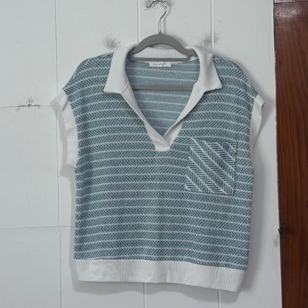 Ces Femme Women Teal White Chevron Knit Polo Sweater‎ Vest V-Neck Pocket  Small